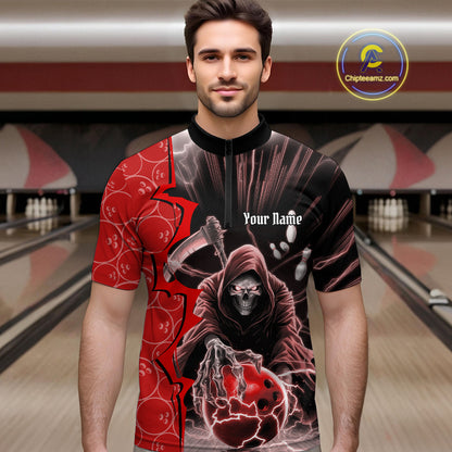 Custom Red Thunder Lightning Grim Reaper Bowling Men Quarter-Zip Shirt, Halloween Bowler Outfit IPHW9840
