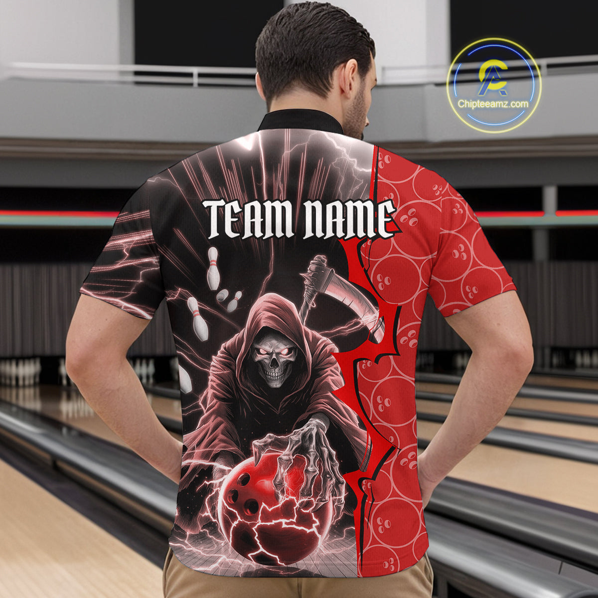 Custom Red Thunder Lightning Grim Reaper Bowling Men Quarter-Zip Shirt, Halloween Bowler Outfit IPHW9840