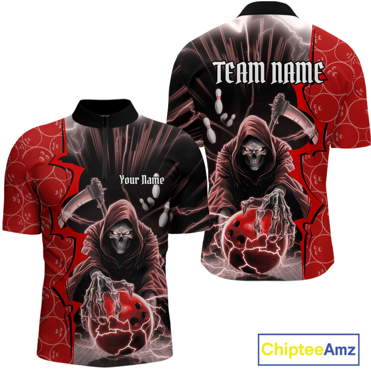 Custom Red Thunder Lightning Grim Reaper Bowling Men Quarter-Zip Shirt, Halloween Bowler Outfit IPHW9840