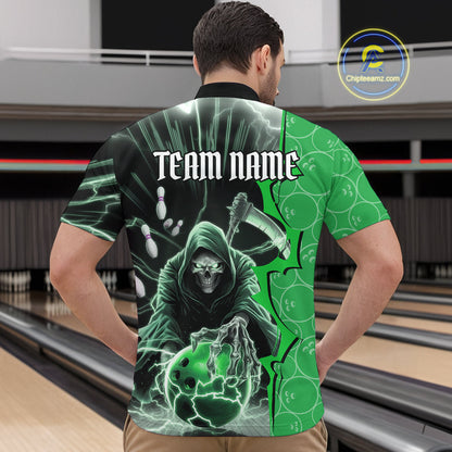 Custom Green Thunder Lightning Grim Reaper Bowling Men Quarter-Zip Shirt, Halloween Bowler Outfit IPHW9841