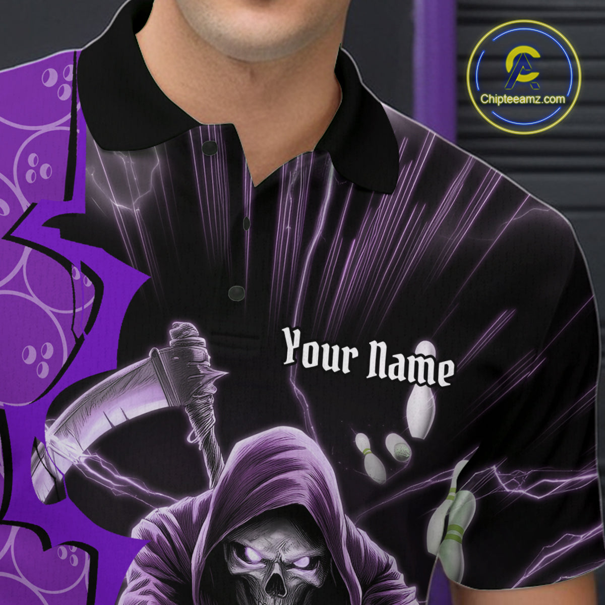 Custom Purple Thunder Lightning Grim Reaper Bowling Men Polo Shirt, Halloween Bowler Outfit IPHW9842