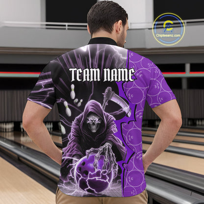 Custom Purple Lightning Grim Reaper Bowling Men Quarter-Zip Shirt, Halloween Bowler Outfit IPHW9842