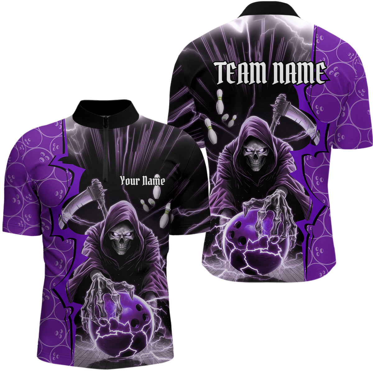 Custom Purple Lightning Grim Reaper Bowling Men Quarter-Zip Shirt, Halloween Bowler Outfit IPHW9842