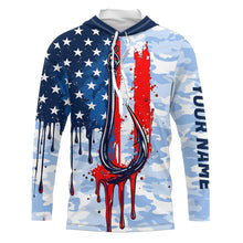 Load image into Gallery viewer, Blue Camo Dripping American Flag Us Fish Hook Custom Long Sleeve Patriotic Fishing Shirts IPHW7954