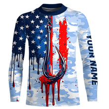 Load image into Gallery viewer, Blue Camo Dripping American Flag Us Fish Hook Custom Long Sleeve Patriotic Fishing Shirts IPHW7954