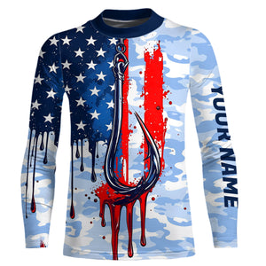 Blue Camo Dripping American Flag Us Fish Hook Custom Long Sleeve Patriotic Fishing Shirts IPHW7954