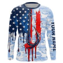 Load image into Gallery viewer, Blue Camo Dripping American Flag Us Fish Hook Custom Long Sleeve Patriotic Fishing Shirts IPHW7954