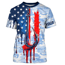 Load image into Gallery viewer, Blue Camo Dripping American Flag Us Fish Hook Custom Long Sleeve Patriotic Fishing Shirts IPHW7954