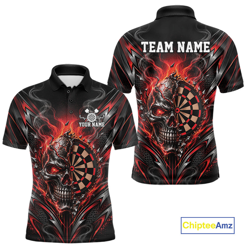 Custom Black And Red Flame Smoke Skull Dart Men Polo Shirt, Halloween Dart Outfit IPHW12621