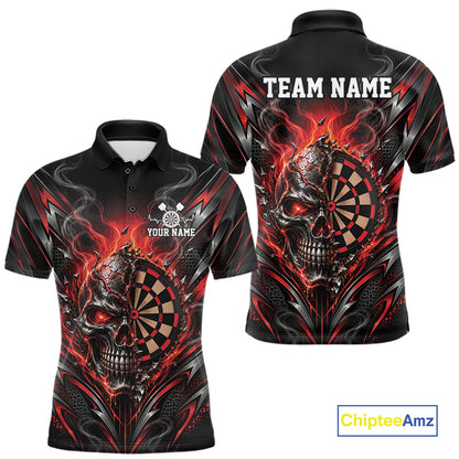 Custom Black And Red Flame Smoke Skull Dart Men Polo Shirt, Halloween Dart Outfit IPHW12621