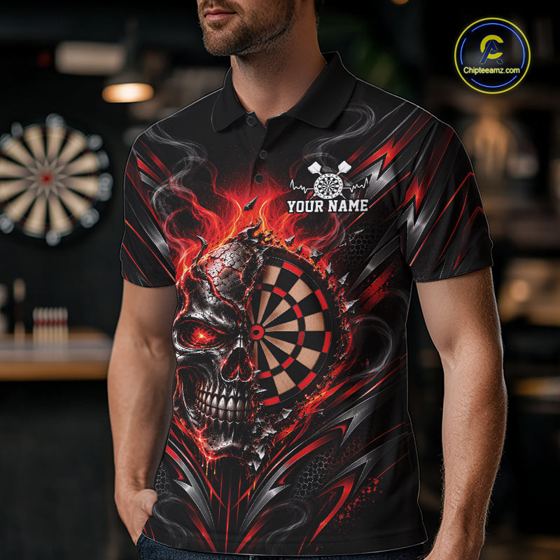 Custom Black And Red Flame Smoke Skull Dart Men Polo Shirt, Halloween Dart Outfit IPHW12621