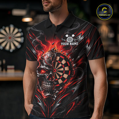 Custom Black And Red Flame Smoke Skull Dart Men Polo Shirt, Halloween Dart Outfit IPHW12621