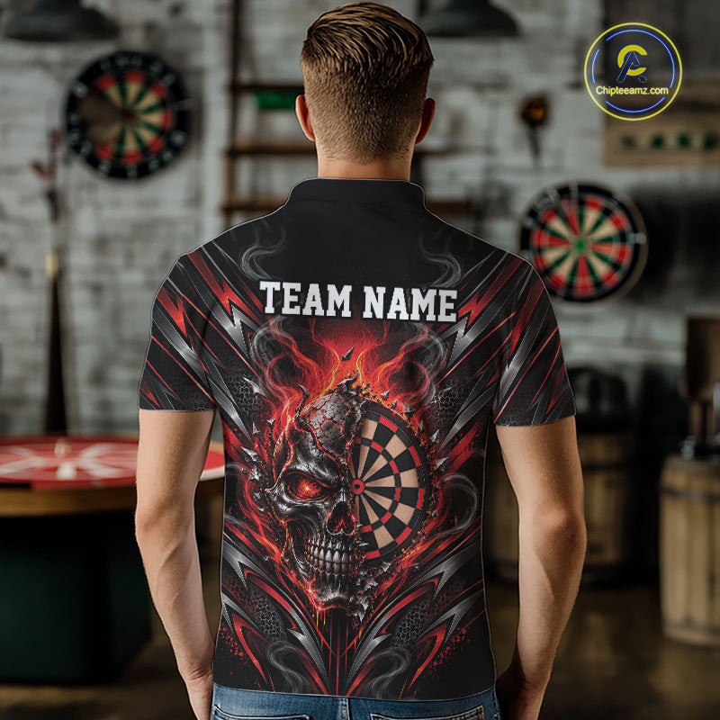 Custom Black And Red Flame Smoke Skull Dart Men Polo Shirt, Halloween Dart Outfit IPHW12621
