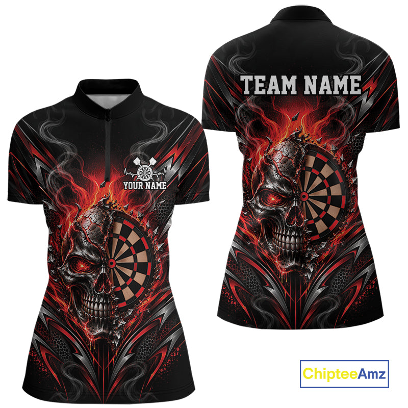 Custom Black And Red Flame Smoke Skull Dart Women Quarter-Zip Shirt, Dart Outfit IPHW12621