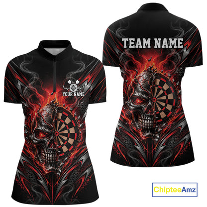Custom Black And Red Flame Smoke Skull Dart Women Quarter-Zip Shirt, Dart Outfit IPHW12621