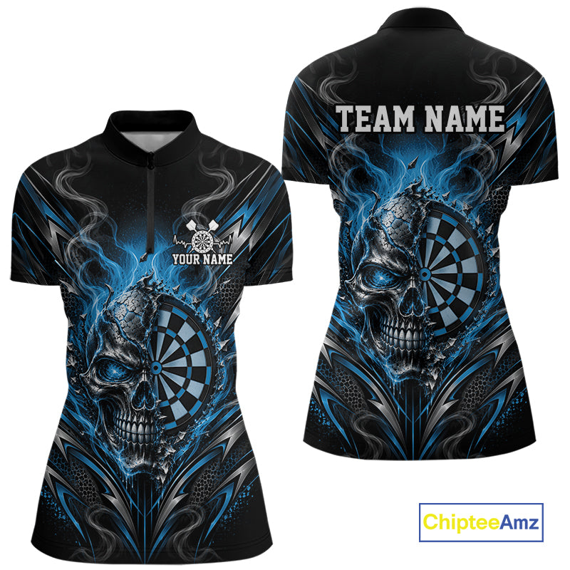 Custom Black And Blue Flame Smoke Skull Dart Women Quarter-Zip Shirt, Dart Outfit IPHW12622