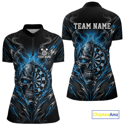 Custom Black And Blue Flame Smoke Skull Dart Women Quarter-Zip Shirt, Dart Outfit IPHW12622
