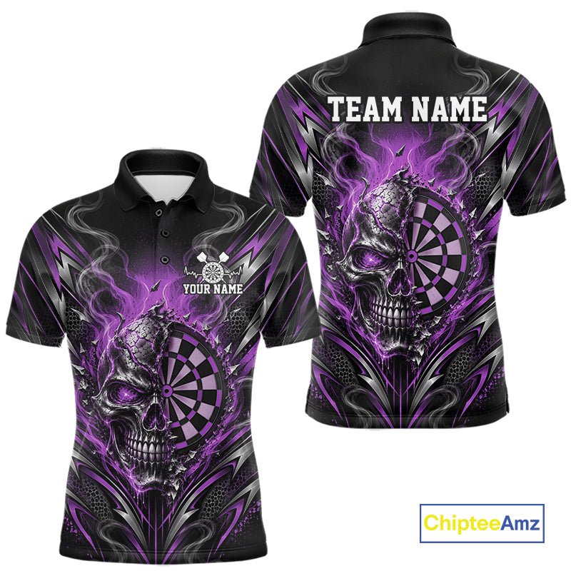 Custom Black And Purple Flame Smoke Skull Dart Men Polo Shirt, Halloween Dart Outfit IPHW12623