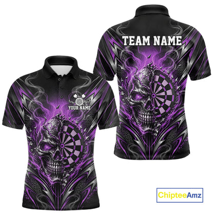 Custom Black And Purple Flame Smoke Skull Dart Men Polo Shirt, Halloween Dart Outfit IPHW12623