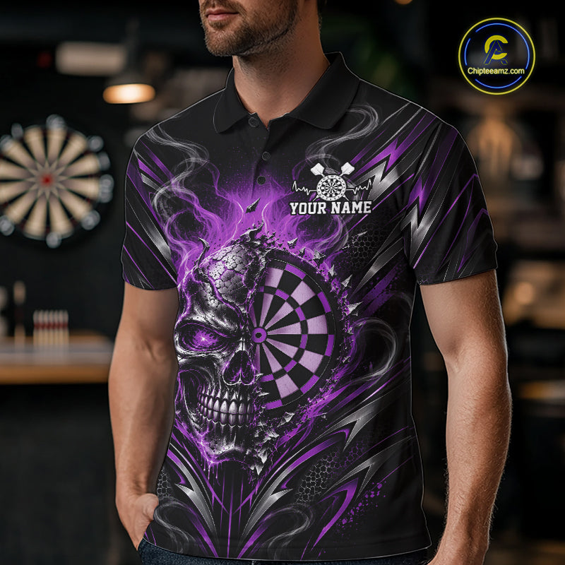 Custom Black And Purple Flame Smoke Skull Dart Men Polo Shirt, Halloween Dart Outfit IPHW12623