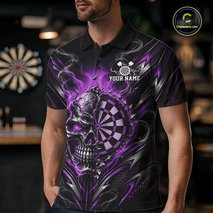 Custom Black And Purple Flame Smoke Skull Dart Men Polo Shirt, Halloween Dart Outfit IPHW12623