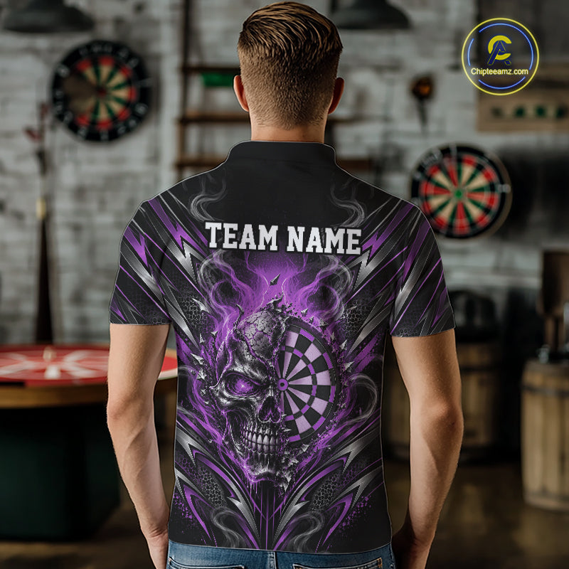 Custom Black And Purple Flame Smoke Skull Dart Men Polo Shirt, Halloween Dart Outfit IPHW12623
