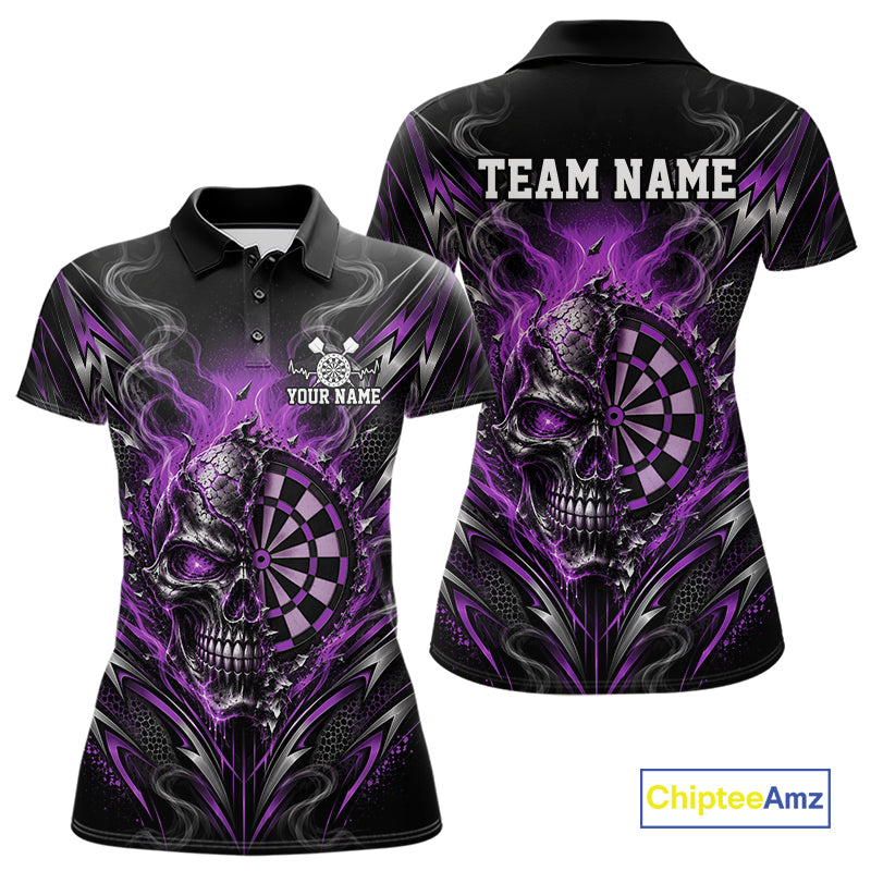 Custom Black And Purple Flame Smoke Skull Dart Women Polo Shirt, Halloween Dart Outfit IPHW12623