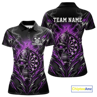 Custom Black And Purple Flame Smoke Skull Dart Women Polo Shirt, Halloween Dart Outfit IPHW12623