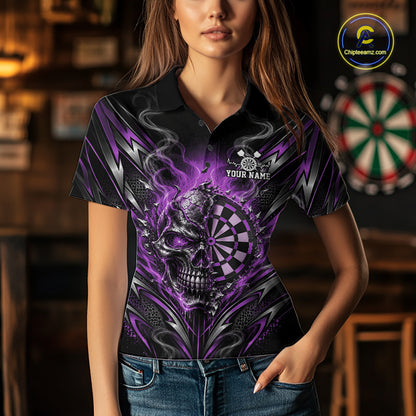 Custom Black And Purple Flame Smoke Skull Dart Women Polo Shirt, Halloween Dart Outfit IPHW12623