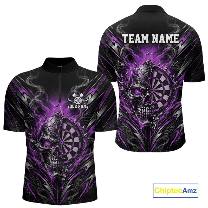 Custom Black And Purple Flame Smoke Skull Dart Men Quarter Zip Shirt, Halloween Dart Outfit IPHW12623