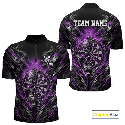 Custom Black And Purple Flame Smoke Skull Dart Men Quarter Zip Shirt, Halloween Dart Outfit IPHW12623