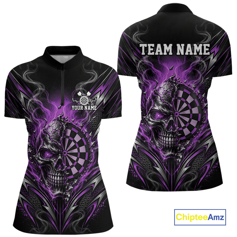 Custom Black And Purple Flame Smoke Skull Dart Women Quarter-Zip Shirt, Dart Outfit IPHW12623