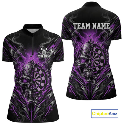 Custom Black And Purple Flame Smoke Skull Dart Women Quarter-Zip Shirt, Dart Outfit IPHW12623