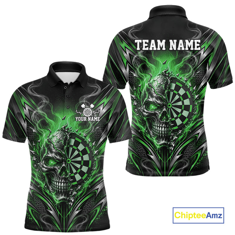 Custom Black And Green Flame Smoke Skull Dart Men Polo Shirt, Halloween Dart Outfit IPHW12624