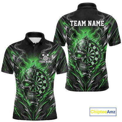 Custom Black And Green Flame Smoke Skull Dart Men Polo Shirt, Halloween Dart Outfit IPHW12624