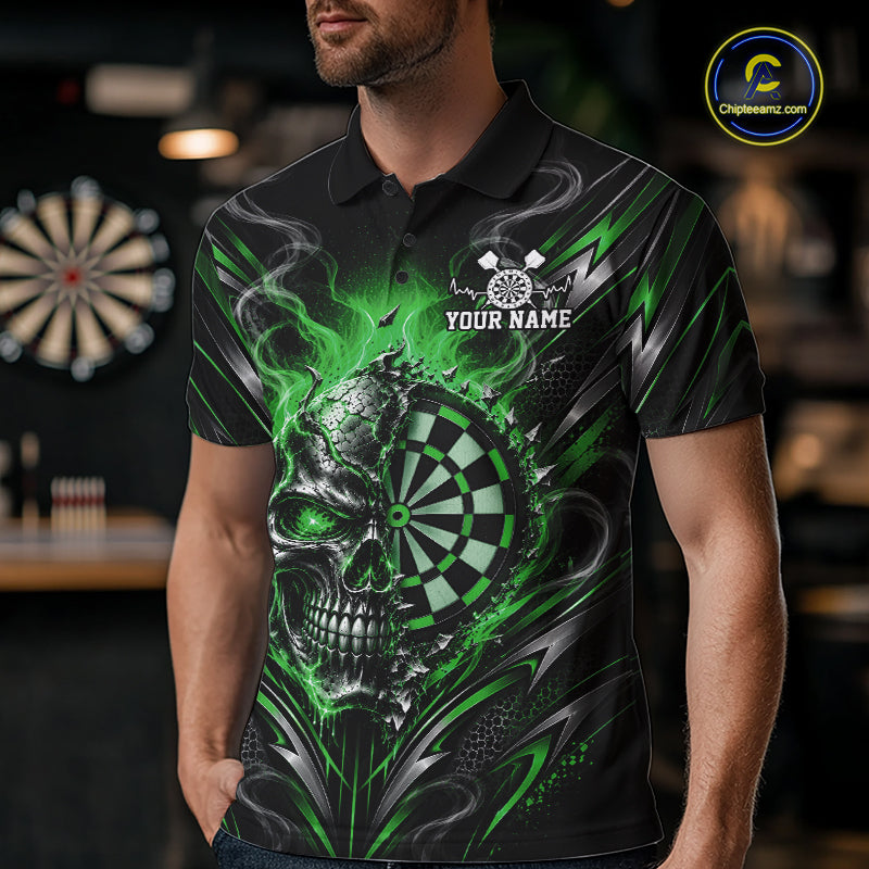 Custom Black And Green Flame Smoke Skull Dart Men Polo Shirt, Halloween Dart Outfit IPHW12624