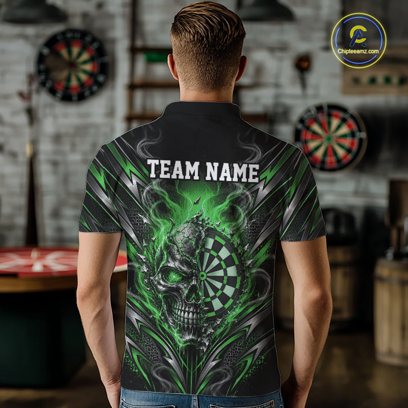 Custom Black And Green Flame Smoke Skull Dart Men Polo Shirt, Halloween Dart Outfit IPHW12624