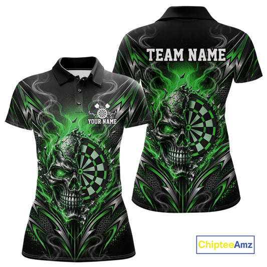 Custom Black And Green Flame Smoke Skull Dart Women Polo Shirt, Halloween Dart Outfit IPHW12624