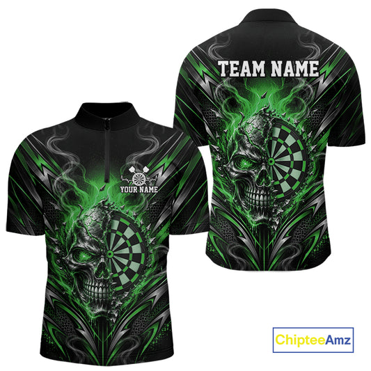 Custom Black And Green Flame Smoke Skull Dart Men Quarter Zip Shirt, Halloween Dart Outfit IPHW12624