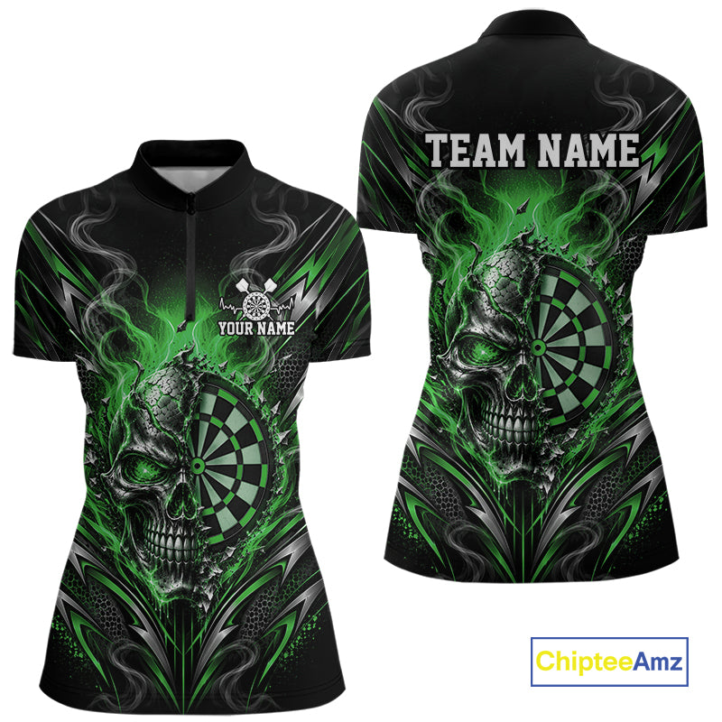 Custom Black And Green Flame Smoke Skull Dart Women Quarter-Zip Shirt, Dart Outfit IPHW12624