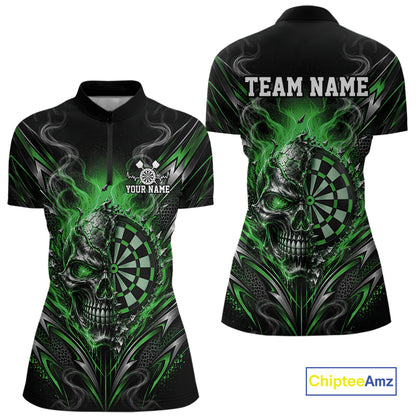 Custom Black And Green Flame Smoke Skull Dart Women Quarter-Zip Shirt, Dart Outfit IPHW12624