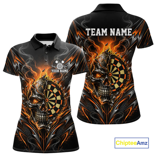 Custom Black And Orange Flame Smoke Skull Dart Women Polo Shirt, Halloween Dart Outfit IPHW12625