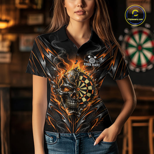Custom Black And Orange Flame Smoke Skull Dart Women Polo Shirt, Halloween Dart Outfit IPHW12625