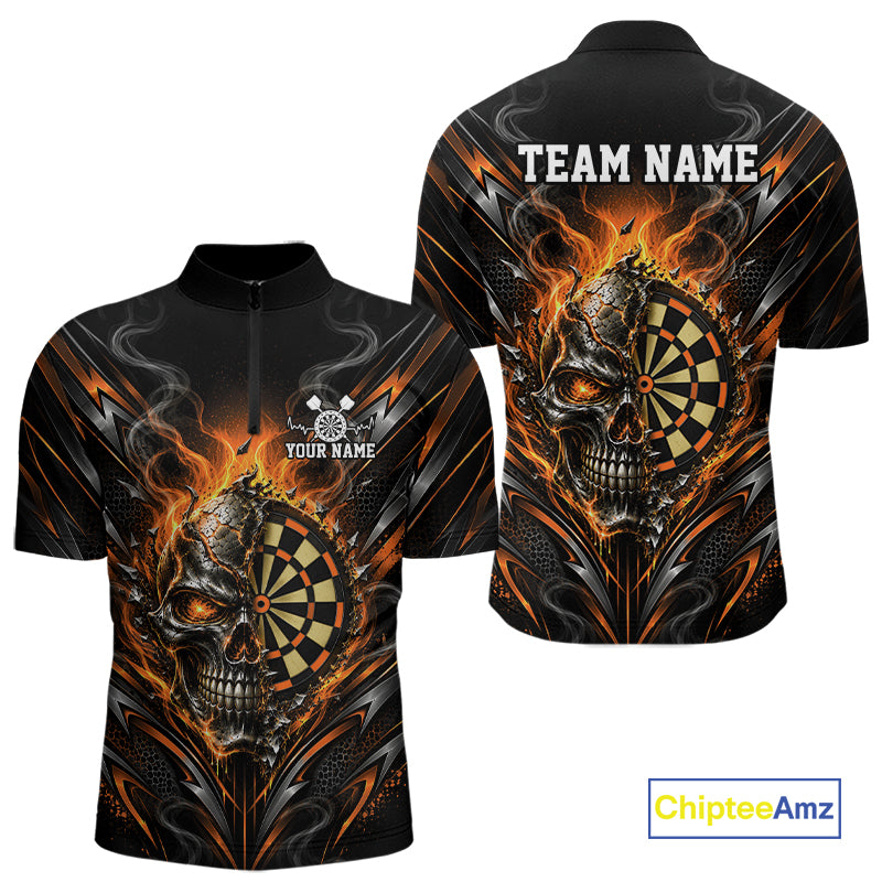Custom Black And Orange Flame Smoke Skull Dart Men Quarter Zip Shirt, Halloween Dart Outfit IPHW12625