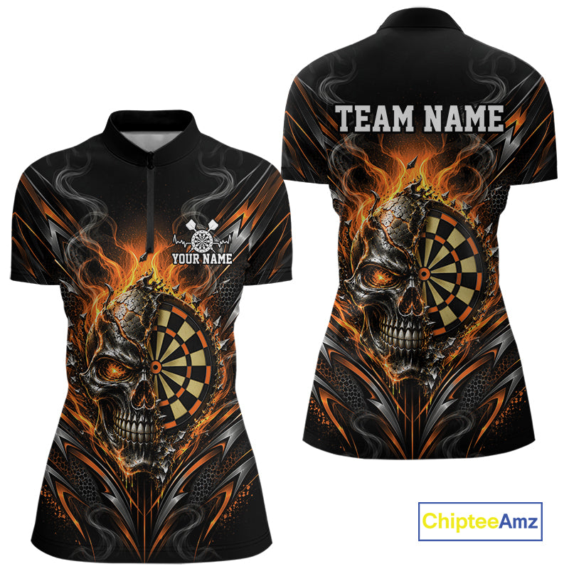 Custom Black And Orange Flame Smoke Skull Dart Women Quarter-Zip Shirt, Dart Outfit IPHW12625