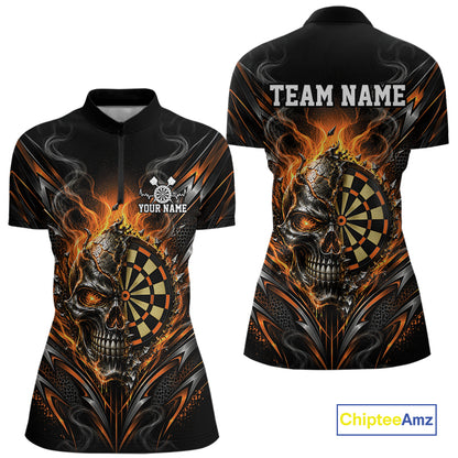 Custom Black And Orange Flame Smoke Skull Dart Women Quarter-Zip Shirt, Dart Outfit IPHW12625