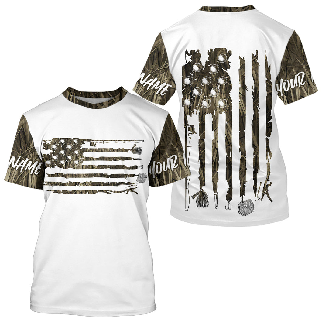 Custom Patriotic Camo Fishing T-Shirts, American Flag Fishing Tools Shirts IPHW9125