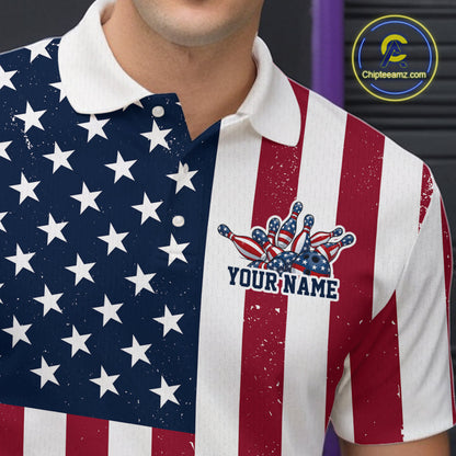 Custom US Flag Bowling Polo Shirts For Men, Patriotic Bowling League Shirt Bowling Jersey IPHW9714