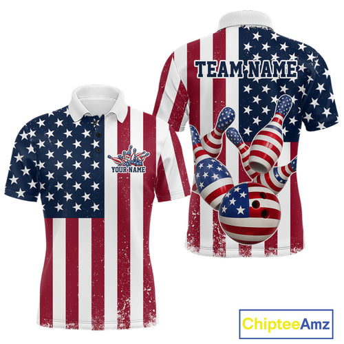 Custom US Flag Bowling Polo Shirts For Men, Patriotic Bowling League Shirt Bowling Jersey IPHW9714