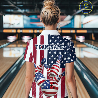 Custom US Flag Bowling Women Quarter-Zip Shirts, Patriotic Bowling League Shirt IPHW9714